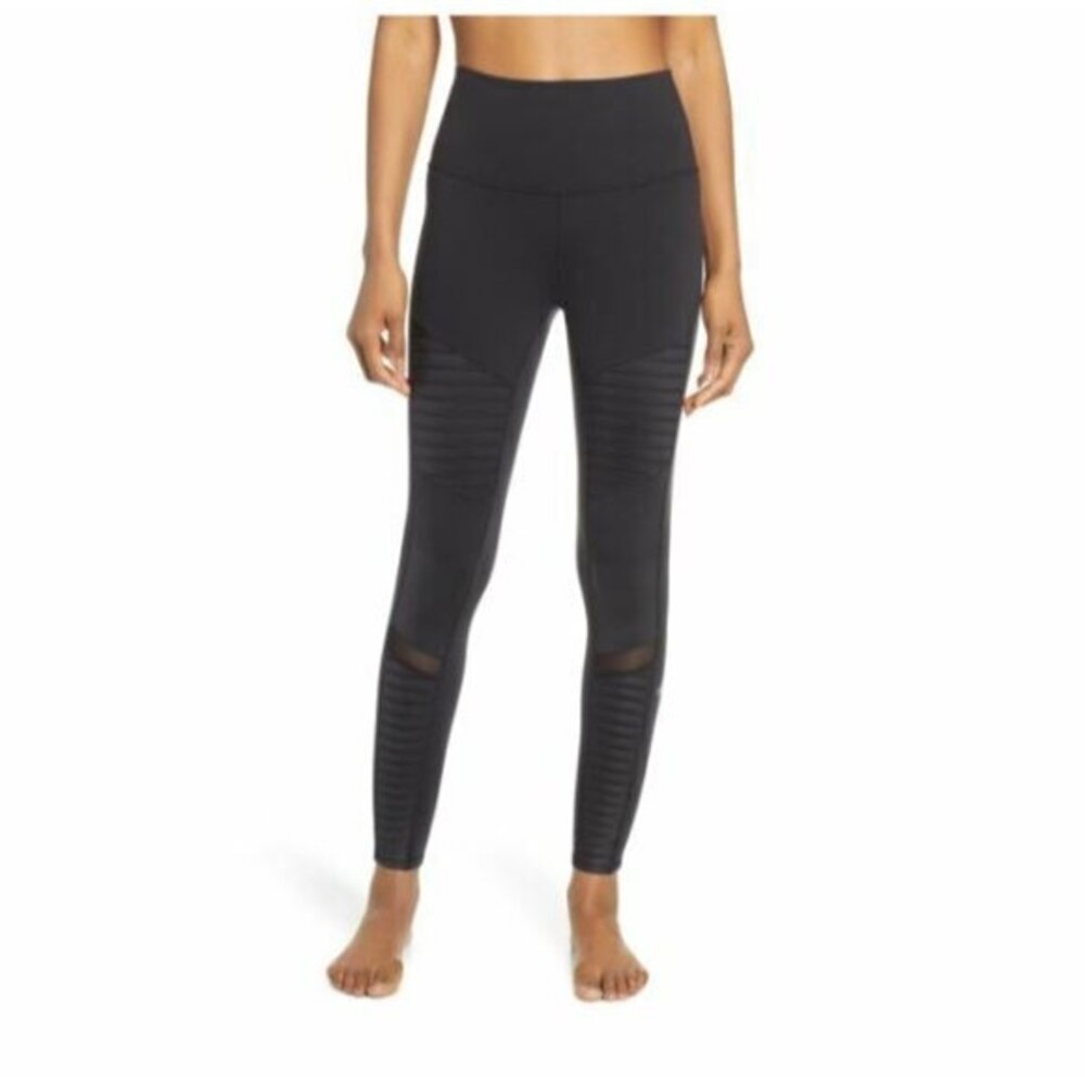 Alo Yoga High Waisted Leggings Mesh Panel Gym Workout Black Moto SZ S NWT